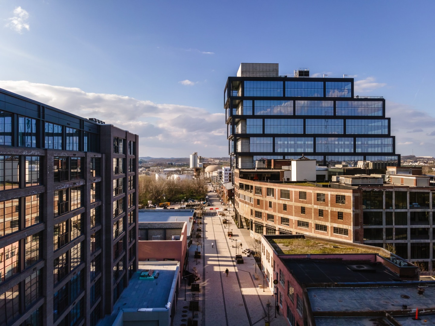 Exterior of Neuhoff Residences luxury apartment in Nashville, TN during the day