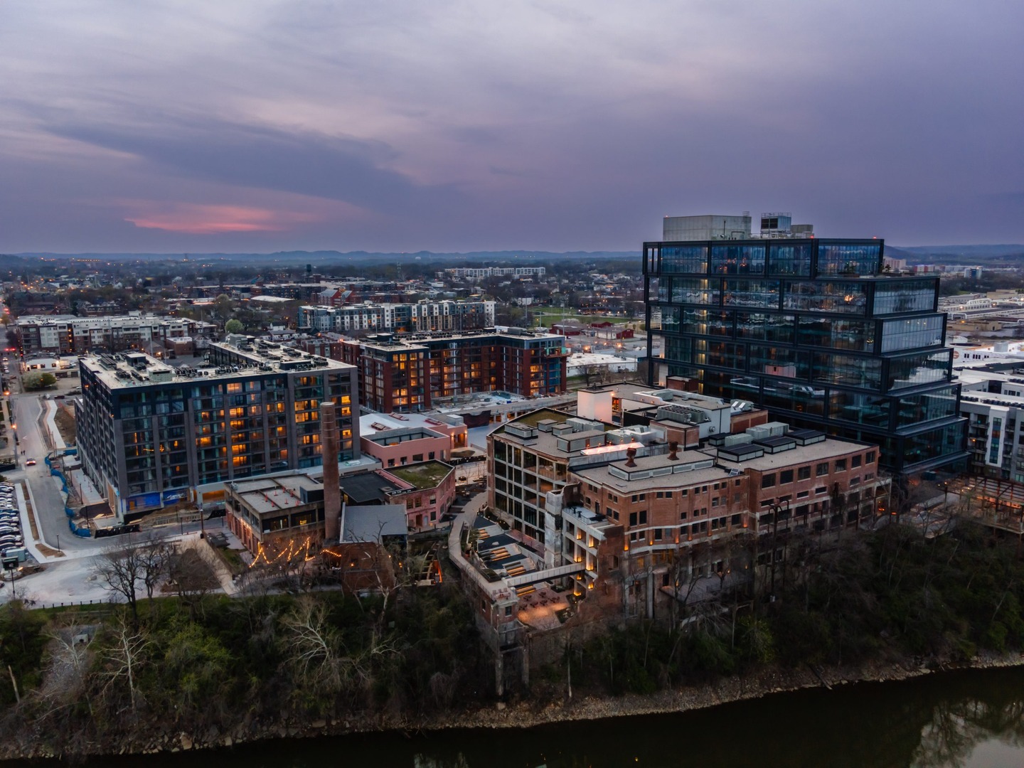 Drone view of exterior of Neuhoff Residences luxury apartment in Nashville, TN