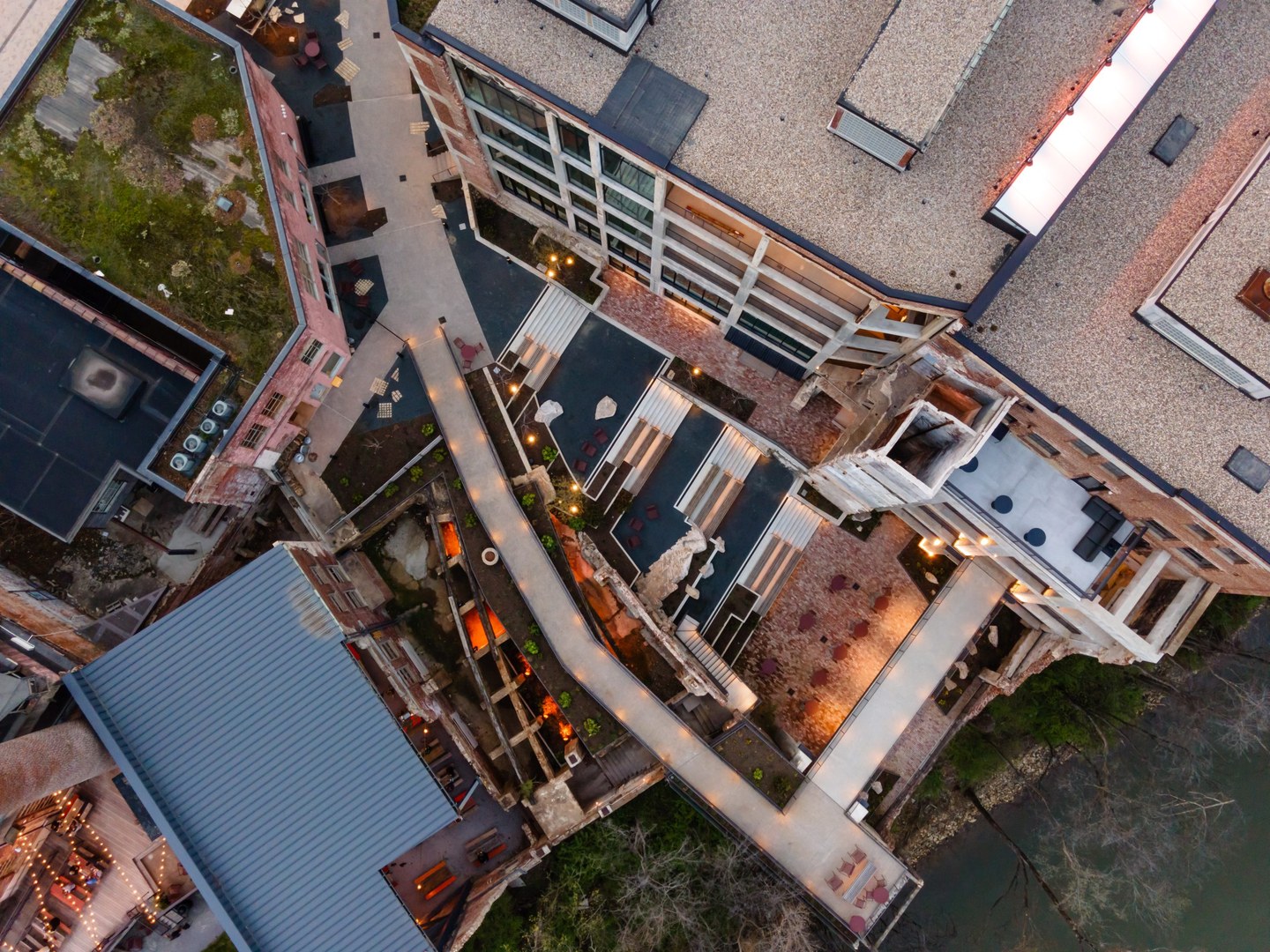Aerial view of exterior of Neuhoff Residences luxury apartment in Nashville, TN